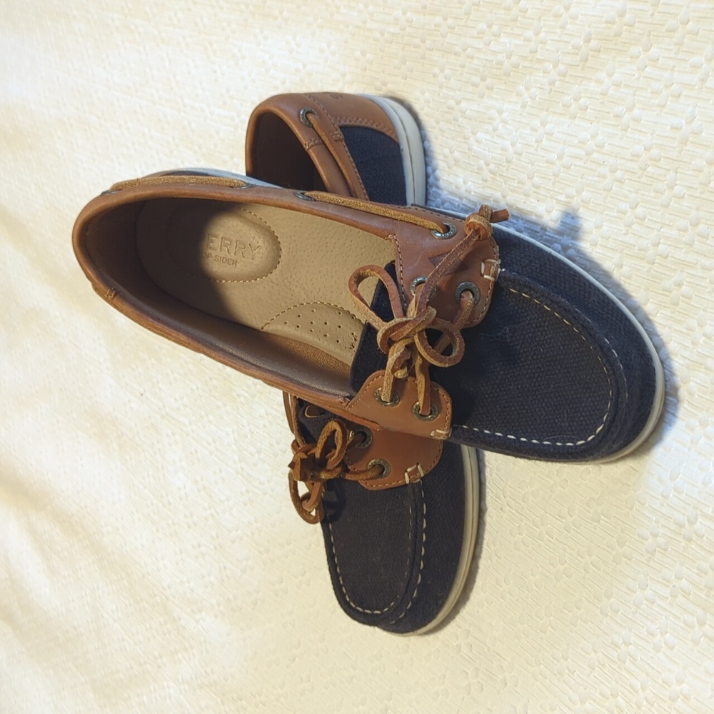 Women's Sperry top sider slip ons, size 7.5; black and tan